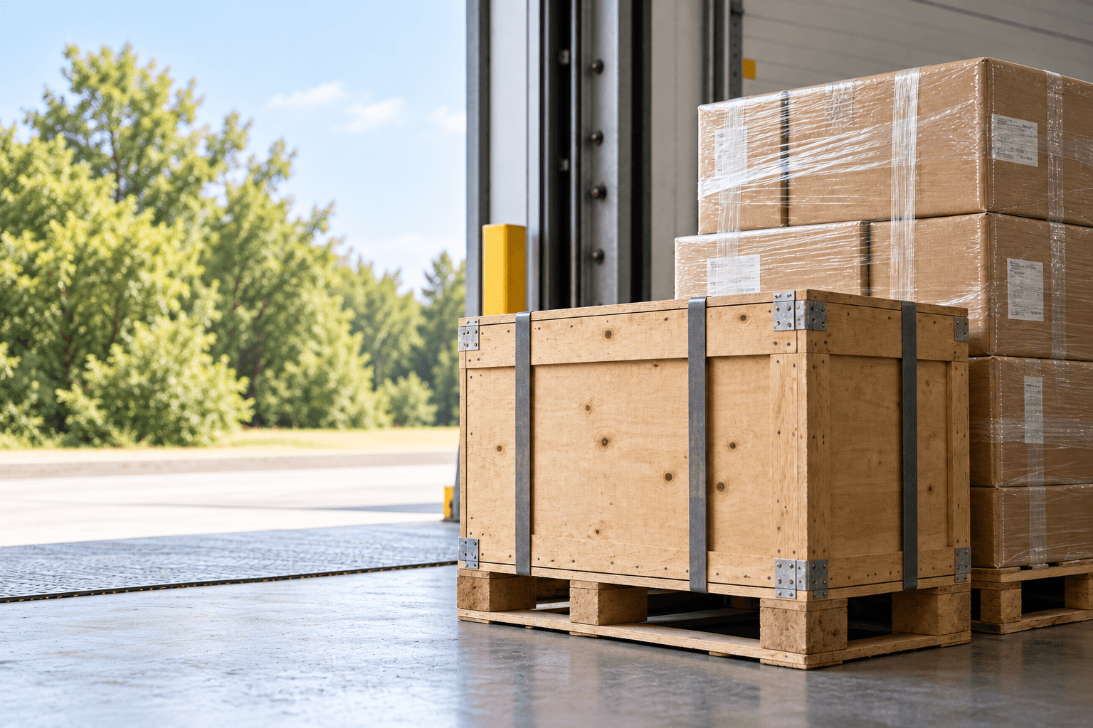 Illustrative packed freight with a wooden crate and wrapped pallets at a loading bay