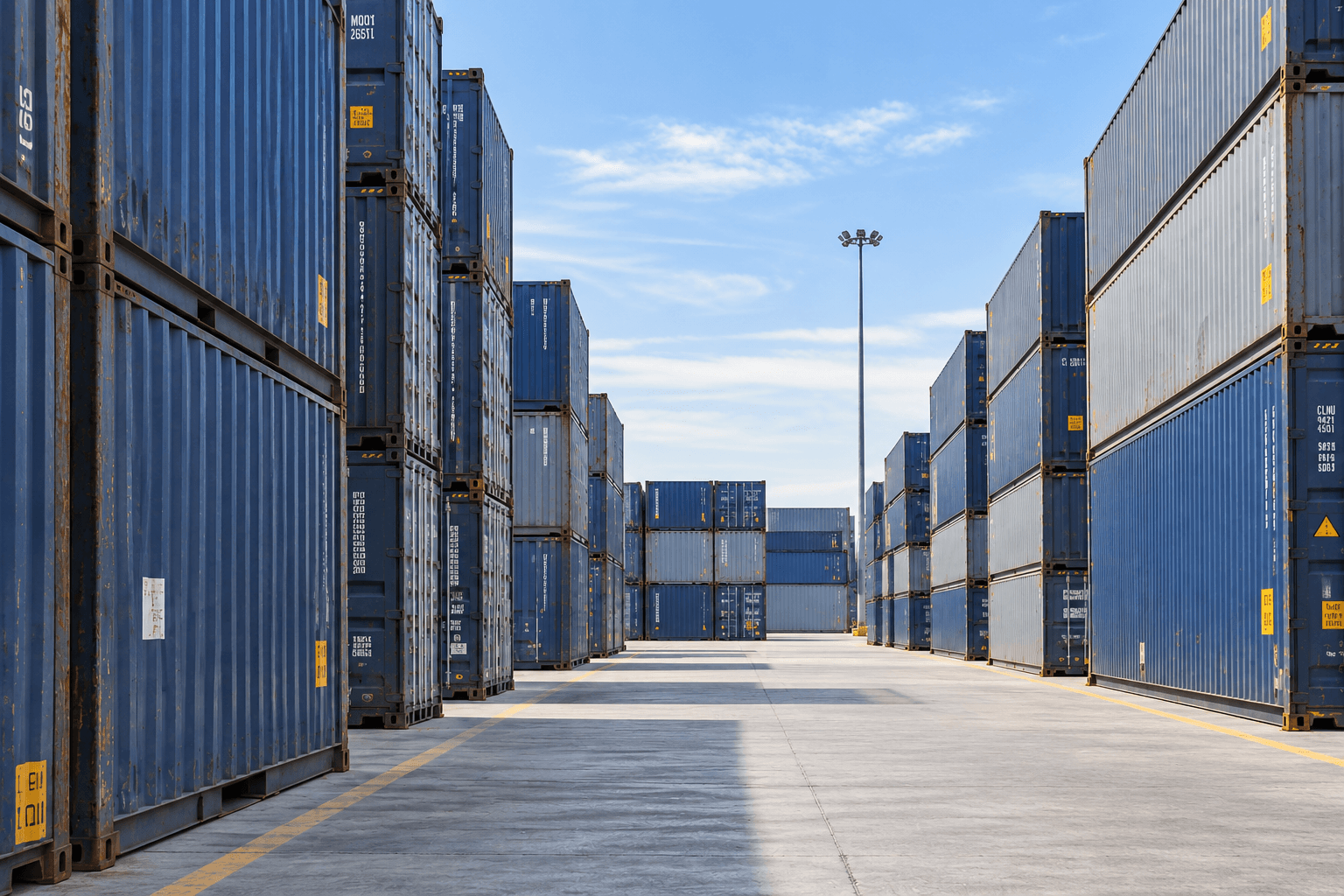 Illustrative container yard with stacked blue and grey shipping containers